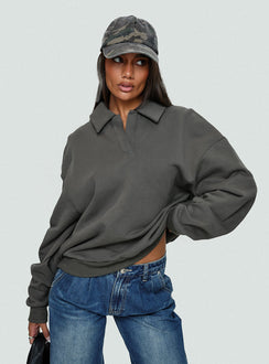 front view of model wearing Princess Polly Back Around Collared Fleece Jumper Slate Jumpers 