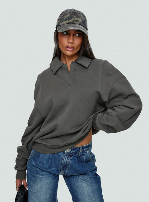 front view of model wearing Princess Polly Back Around Collared Fleece Jumper Slate Jumpers 