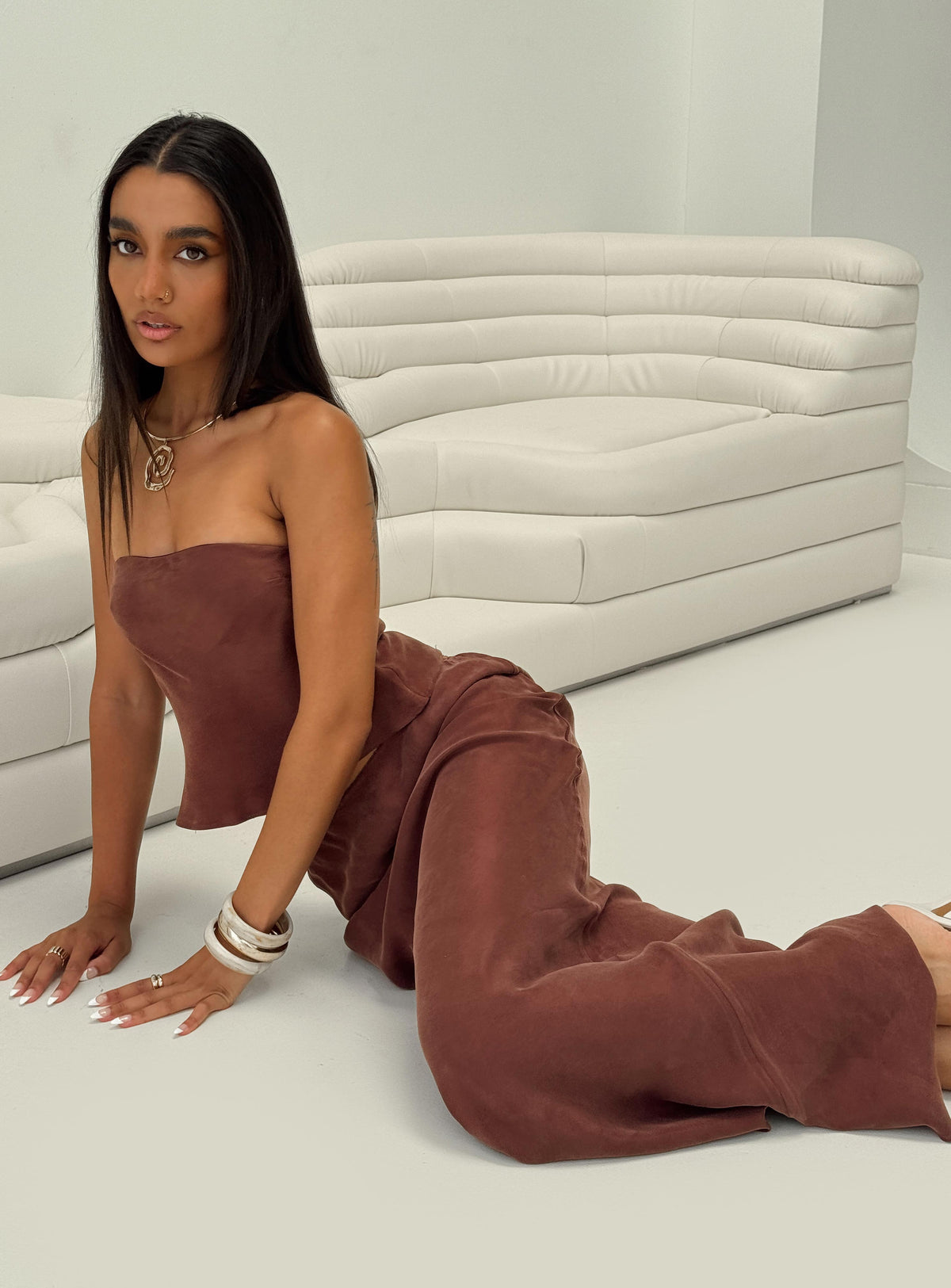   front view of model wearing Princess Polly Lucelia Maxi Skirt Brown Maxi 