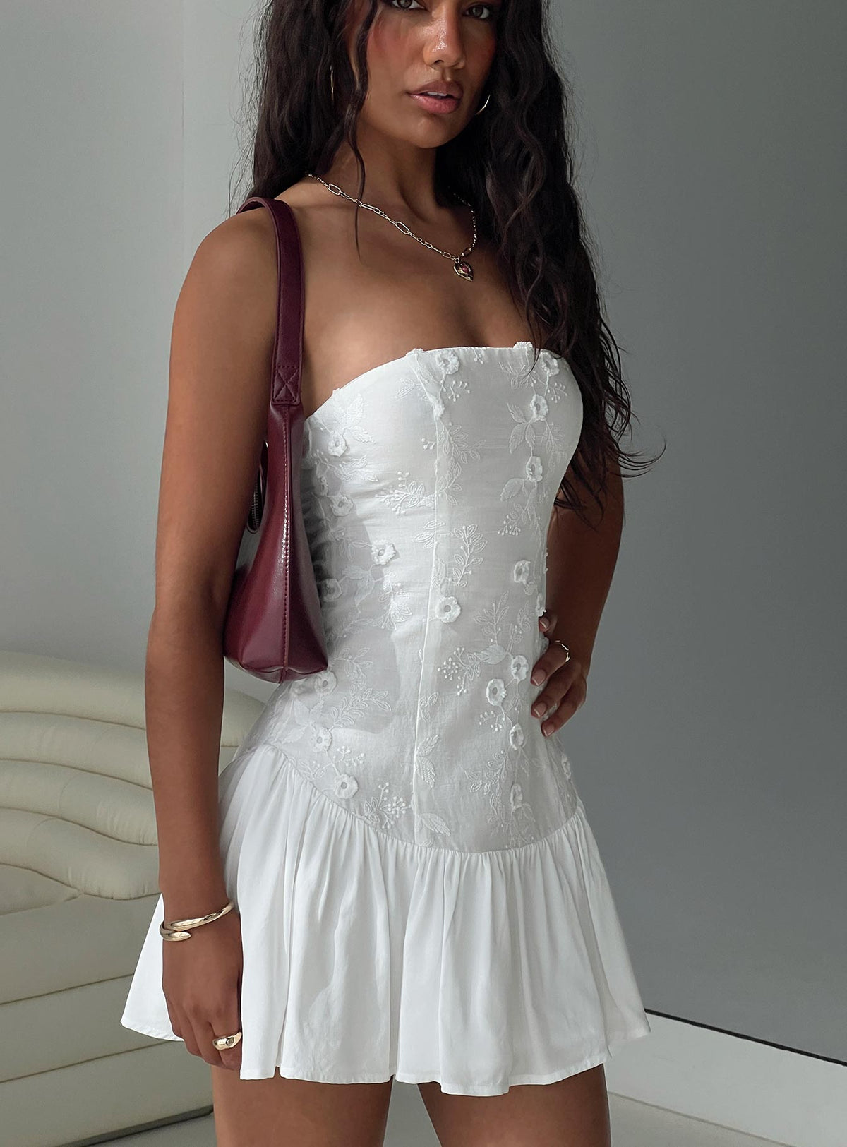 back view of model wearing Princess Polly Envie Strapless Mini Dress White Straight Neck 