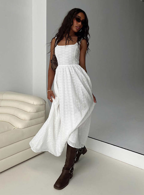 side view of model wearing Princess Polly Cartmel Broderie Maxi Dress White Square Neck 