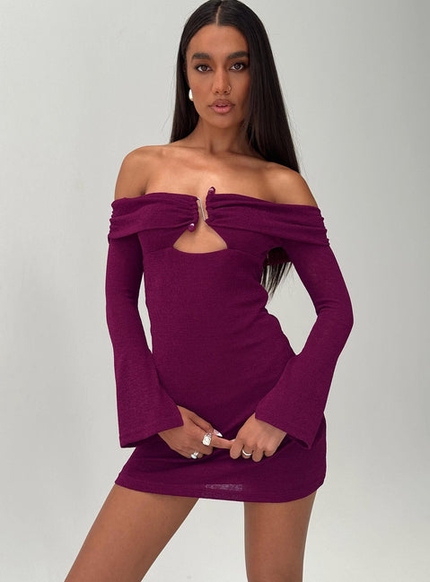front view of model wearing Princess Polly Firenza Long Sleeve Mini Dress Purple Sweetheart Neckline 