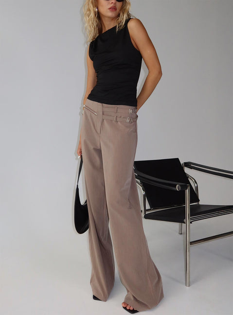 side view of model wearing Princess Polly Rinah Belted Pants Brown High Rise Pants Pants 