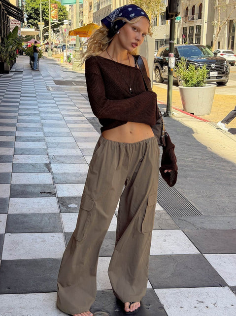 Showcasing Lunea Concealed Waistband Cargo Pants Charcoal womens-regular-pants with mid-rise front view of model wearing Princess Polly