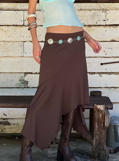 back view of model wearing Princess Polly Futura Asymmetrical Midi Skirt Chocolate Midi Skirts Skirts 