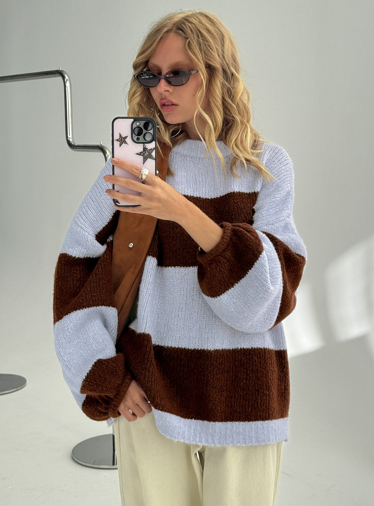 back view of model wearing Princess Polly Bastien Crew Neck Knit Sweater Blue / Chocolate Stripe Longline Jumpers Jumpers 