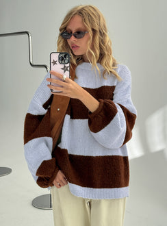 back view of model wearing Princess Polly Bastien Crew Neck Knit Sweater Blue / Chocolate Stripe Longline Jumpers Jumpers 