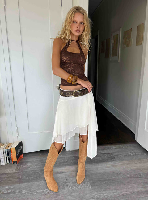 Discover the Ophella Tie Waist Chiffon Midi Skirt Cream womens-skirts in midi length front view of model wearing Princess Polly