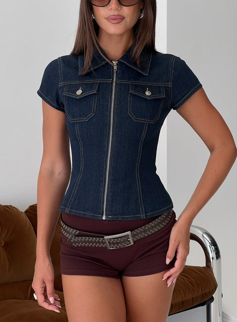 Liyana Denim Zip Up Short Sleeve Shirt Mid Blue