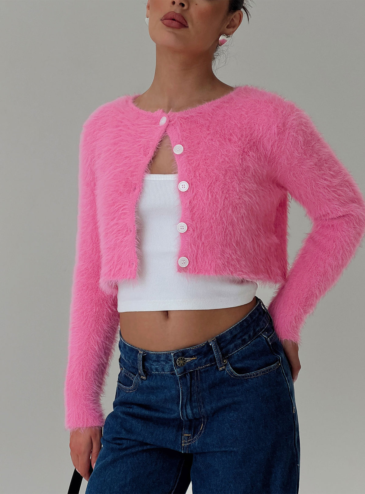 front view of model wearing Princess Polly Just A Girl Cardigan Pink cropped Jumpers 