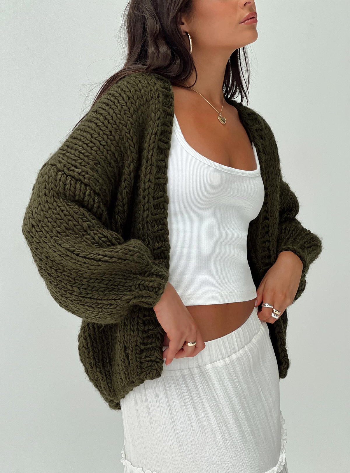 back view of model wearing Princess Polly Lester Knit Cardigan Olive Longline Jumpers Jumpers 