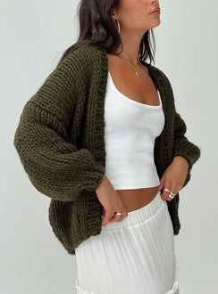 back view of model wearing Princess Polly Lester Knit Cardigan Olive Longline Jumpers Jumpers 