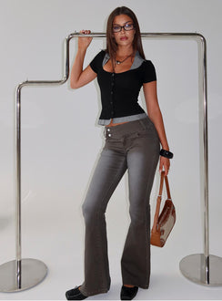front view of model wearing Princess Polly Romea Low Waist Bootleg Jeans Dark Grey Low Rise Jeans Jeans 