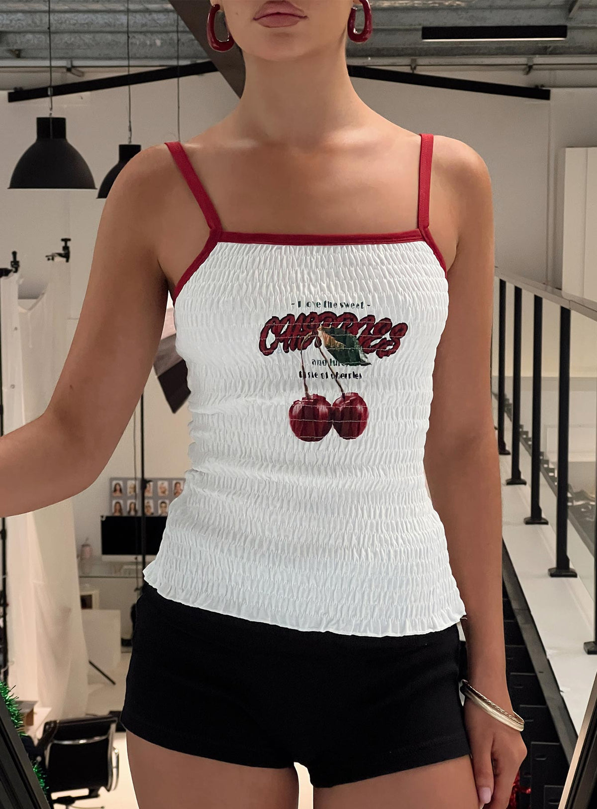 front view of model wearing Princess Polly Cherrie Ties Shirred Graphic Top White Sleeveless Square Neck 