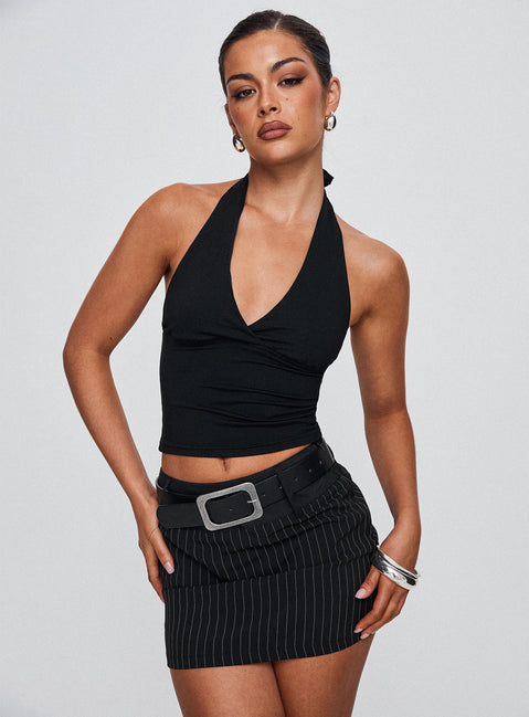   front view of model wearing Princess Polly Christel Pinstripe Skort Black Mini Skirts Skirts 
