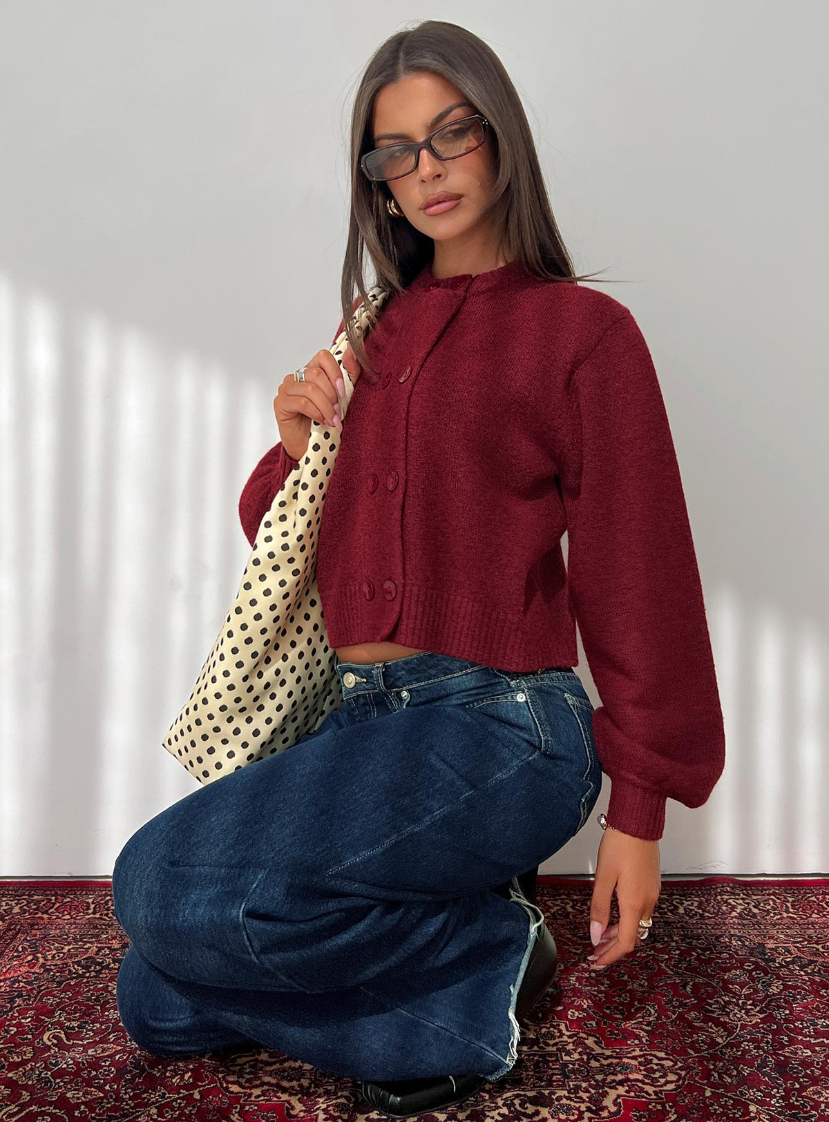 side view of model wearing Princess Polly Kammi Button Up Cardigan Red cropped Jumpers 