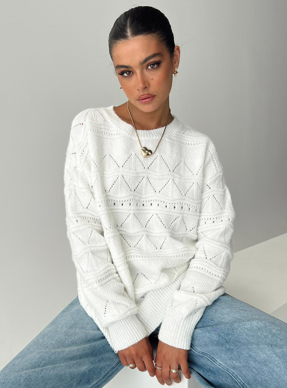 front view of model wearing Princess Polly Pierce Pointelle Sweater Cream Longline Jumpers Jumpers 