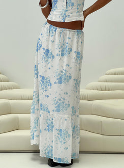 back view of model wearing Princess Polly Modern Girl Maxi Skirt White / Blue Floral Maxi Skirts Skirts 