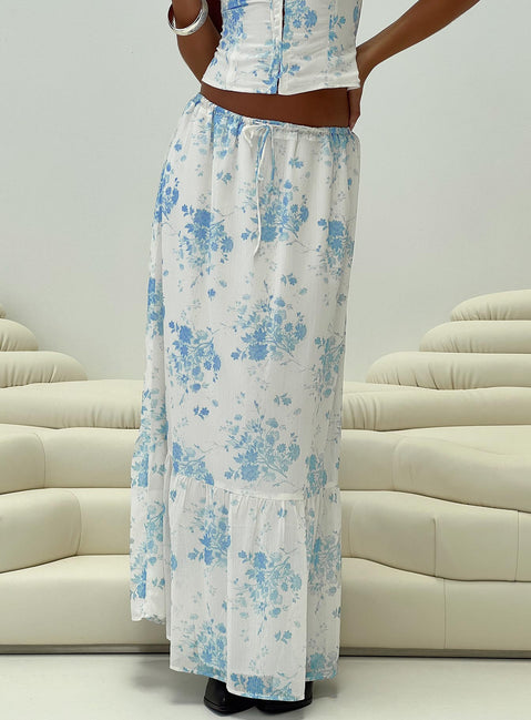 back view of model wearing Princess Polly Modern Girl Maxi Skirt White / Blue Floral Maxi Skirts Skirts 