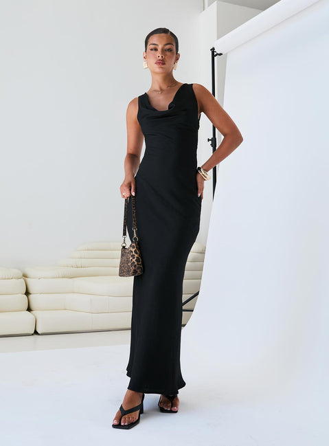 front view of model wearing Princess Polly Make Memories Cowl Neck Maxi Dress Black Cowl Neck 