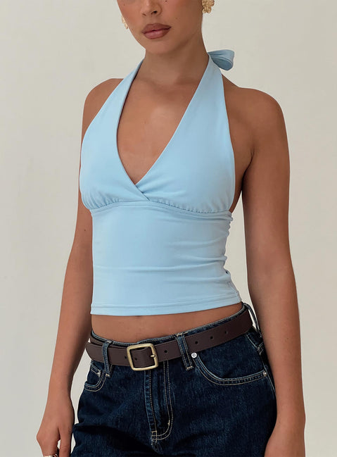 front view of model wearing Princess Polly Whimsy Halter Top Blue Sleeveless Plunger 