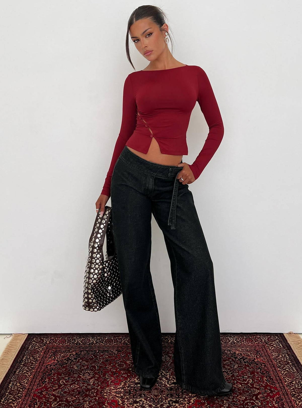 front view of model wearing Princess Polly Boxie Mid Rise Wide Leg Jeans Washed Black Mid Rise Jeans Jeans 