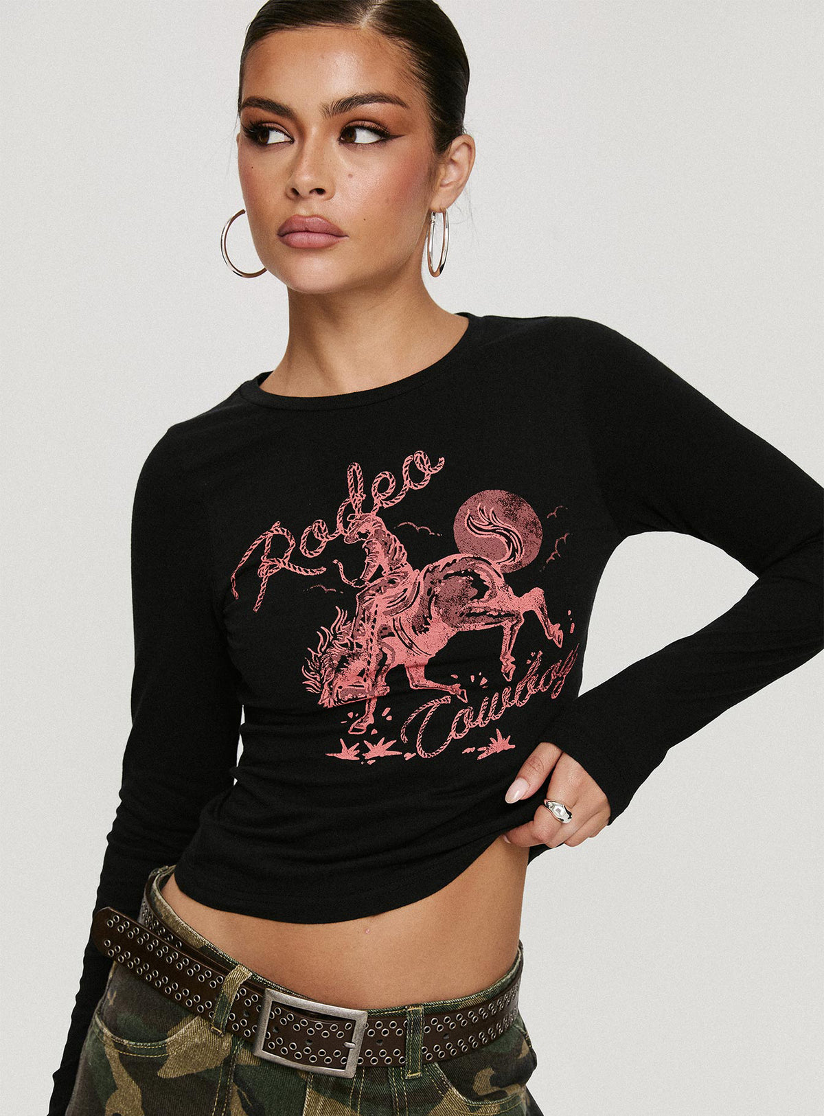 front view of model wearing Princess Polly Rodeo Cowboy Long Sleeve Top Washed Wine Full Sleeves Crew Neck 