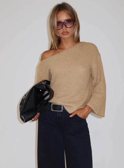 Featuring the Delyn Off Shoulder Slouchy Knit Sweater Camel womens jumper with short length front view of model wearing Princess Polly