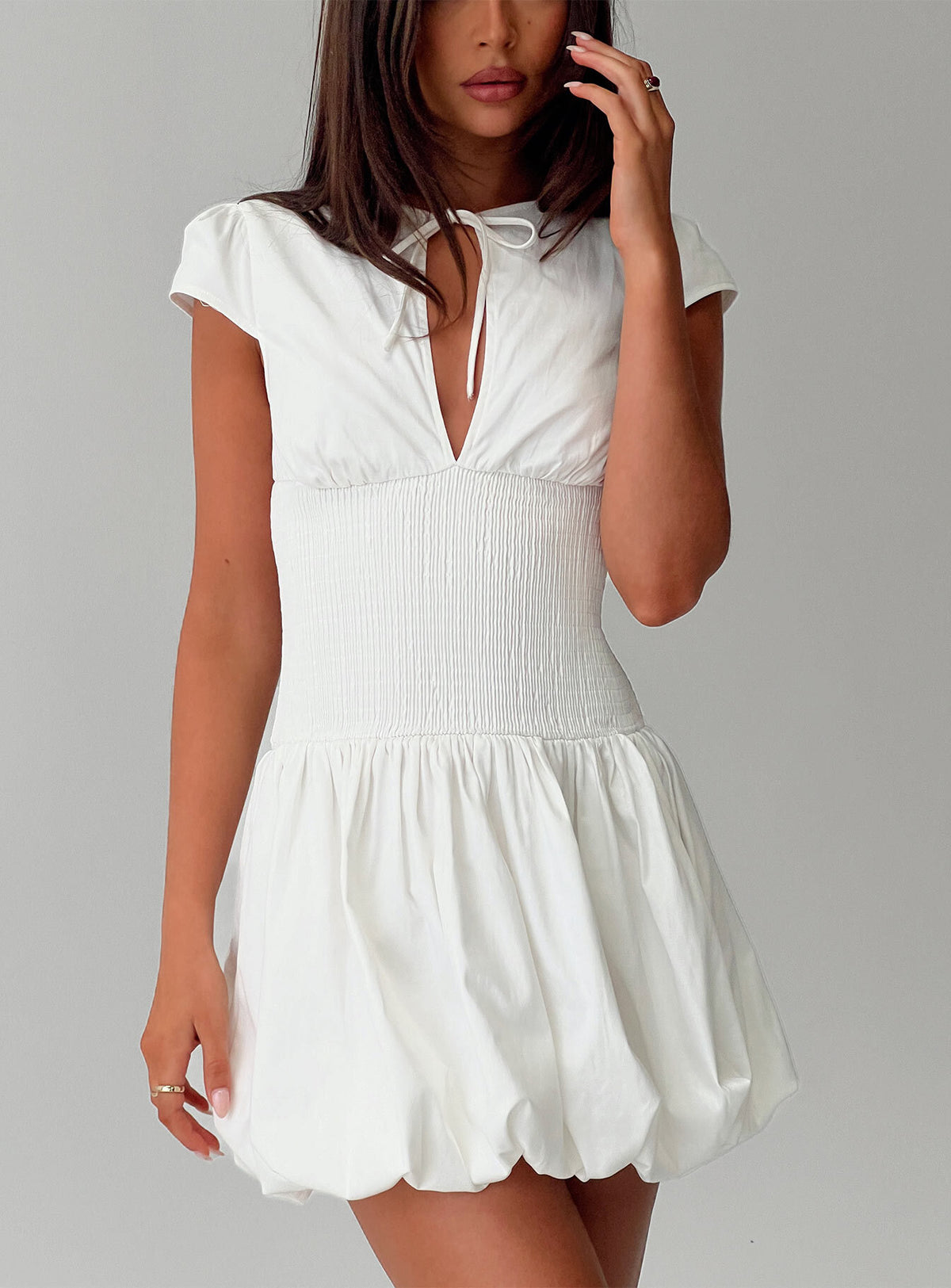 back view of model wearing Princess Polly Ladybug Mini Dress White High Neck Square Neck 