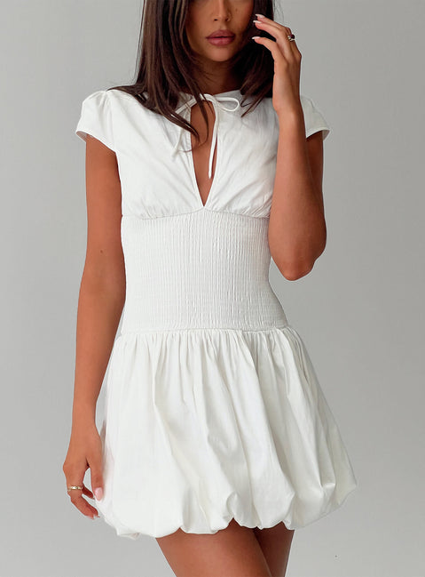 back view of model wearing Princess Polly Ladybug Mini Dress White High Neck Square Neck 