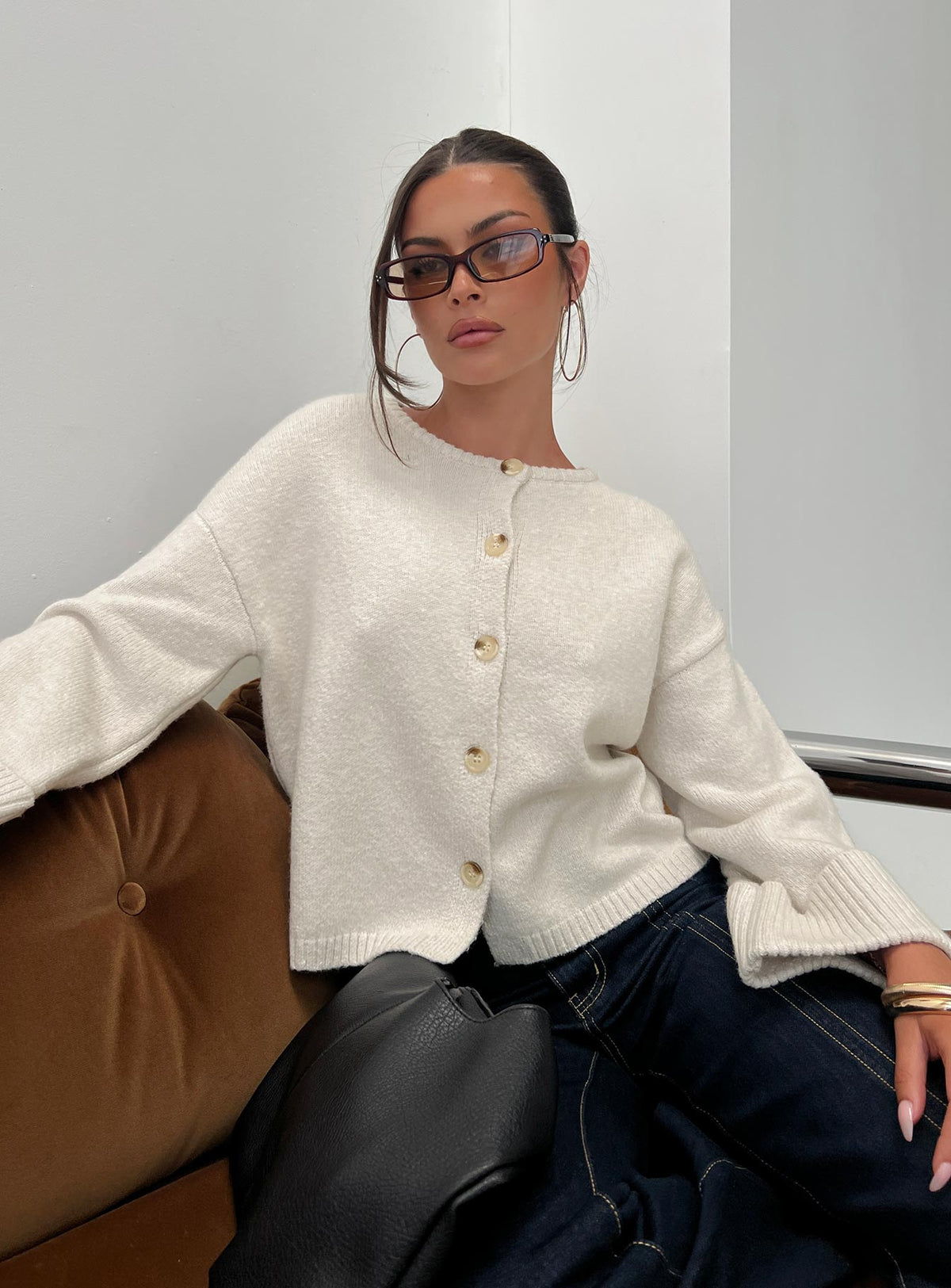 front view of model wearing Princess Polly Shinead Cuffed Knit Cardigan White Cropped Jumpers Jumpers 