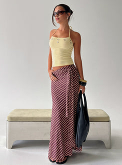 back view of model wearing Princess Polly Caviar Tie Maxi Skirt Brown Stripe Maxi Skirts Skirts 