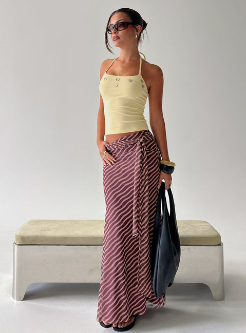 back view of model wearing Princess Polly Caviar Tie Maxi Skirt Brown Stripe Maxi Skirts Skirts 