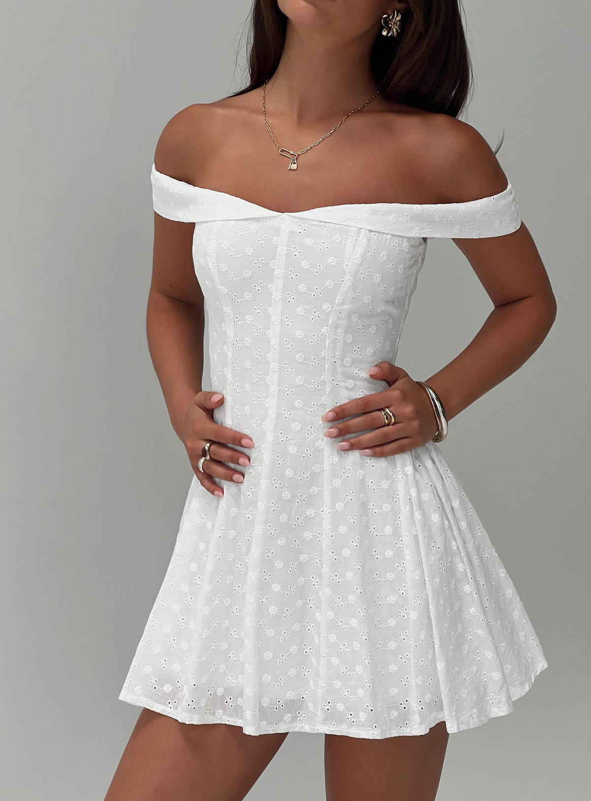 front view of model wearing Princess Polly Rosebud Off The Shoulder Mini Dress White Petite Sweetheart Neckline 