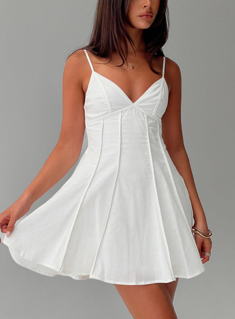 front view of model wearing Princess Polly Libertie Pleat Mini Dress White V-Neck 