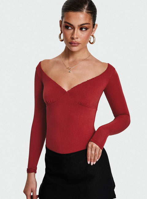 front view of model wearing Princess Polly Loveydove Bodysuit Burgundy Long Sleeve Tops Bodysuit 