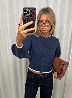 front view of model wearing Princess Polly Amandi Zip Through Knit Jumper Navy / Cream Cropped Jumpers Jumpers 