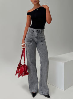 front view of model wearing Princess Polly Chad High Rise Flared Cargo Jeans Washed Grey Mid Rise Jeans Jeans 
