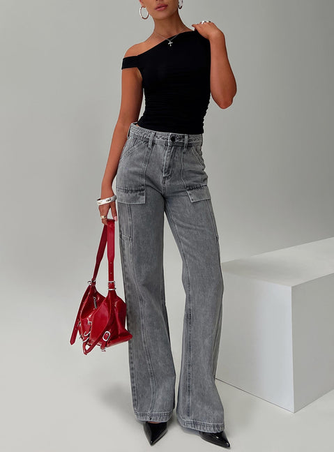 front view of model wearing Princess Polly Chad High Rise Flared Cargo Jeans Washed Grey Mid Rise Jeans Jeans 