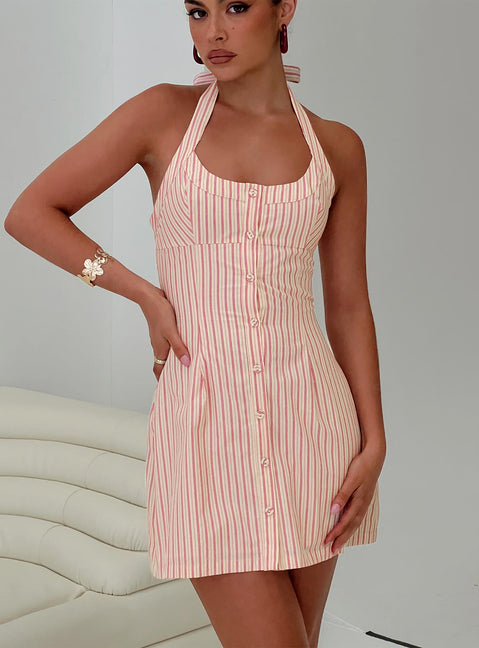 front view of model wearing Princess Polly Mallorie Halter Mini Dress Pink Stripe Scoop Neck 