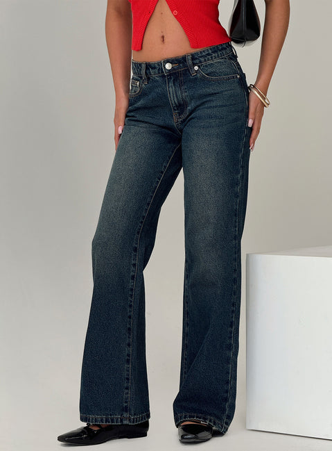 front view of model wearing Princess Polly Cybele Mid Rise Straight Leg Jeans Dark Denim Mid Rise Jeans Jeans 