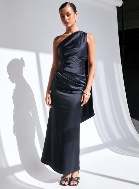 front view of model wearing Princess Polly Dulcia One Shoulder Maxi Dress Blue Asymmetric Neckline 