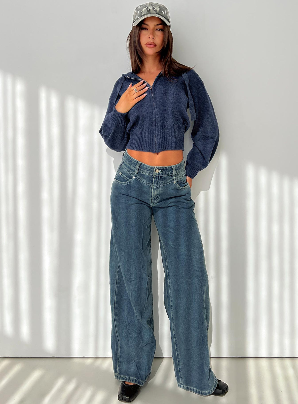 front view of model wearing Princess Polly Shanna Relaxed Low Rise Jeans Acid Raw Wash Mid Rise Jeans Jeans 