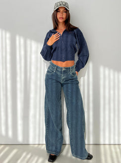 front view of model wearing Princess Polly Shanna Relaxed Low Rise Jeans Acid Raw Wash Mid Rise Jeans Jeans 