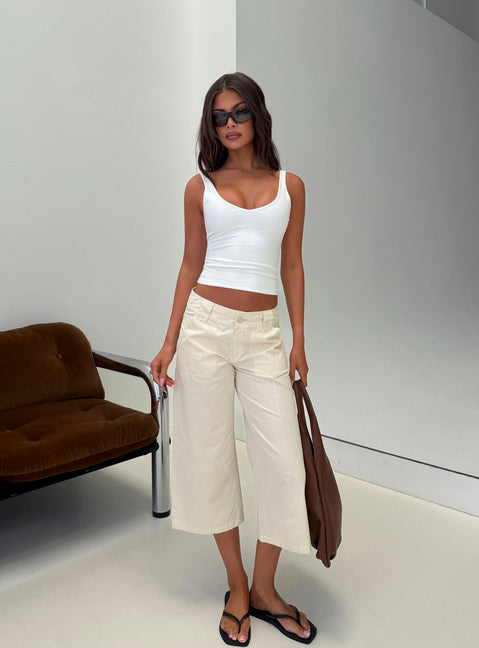 Showcasing the Miska Wide Leg Capri Pants Off White in womens-regular-pants with mid-rise waist front view of model wearing Princess Polly