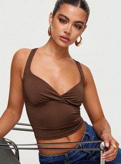 front view of model wearing Princess Polly Wandella Tank Brown Sleeveless Sweetheart 
