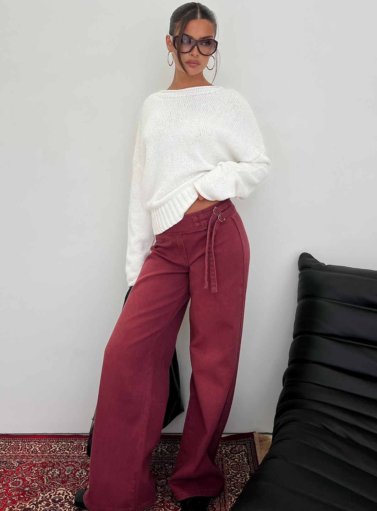 front view of model wearing Princess Polly Boxie Mid Rise Wide Leg Jeans Washed Burgundy Mid Rise Jeans Jeans 