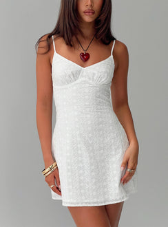 front view of model wearing Princess Polly Jaye Mini Dress White Broderie V-Neck 
