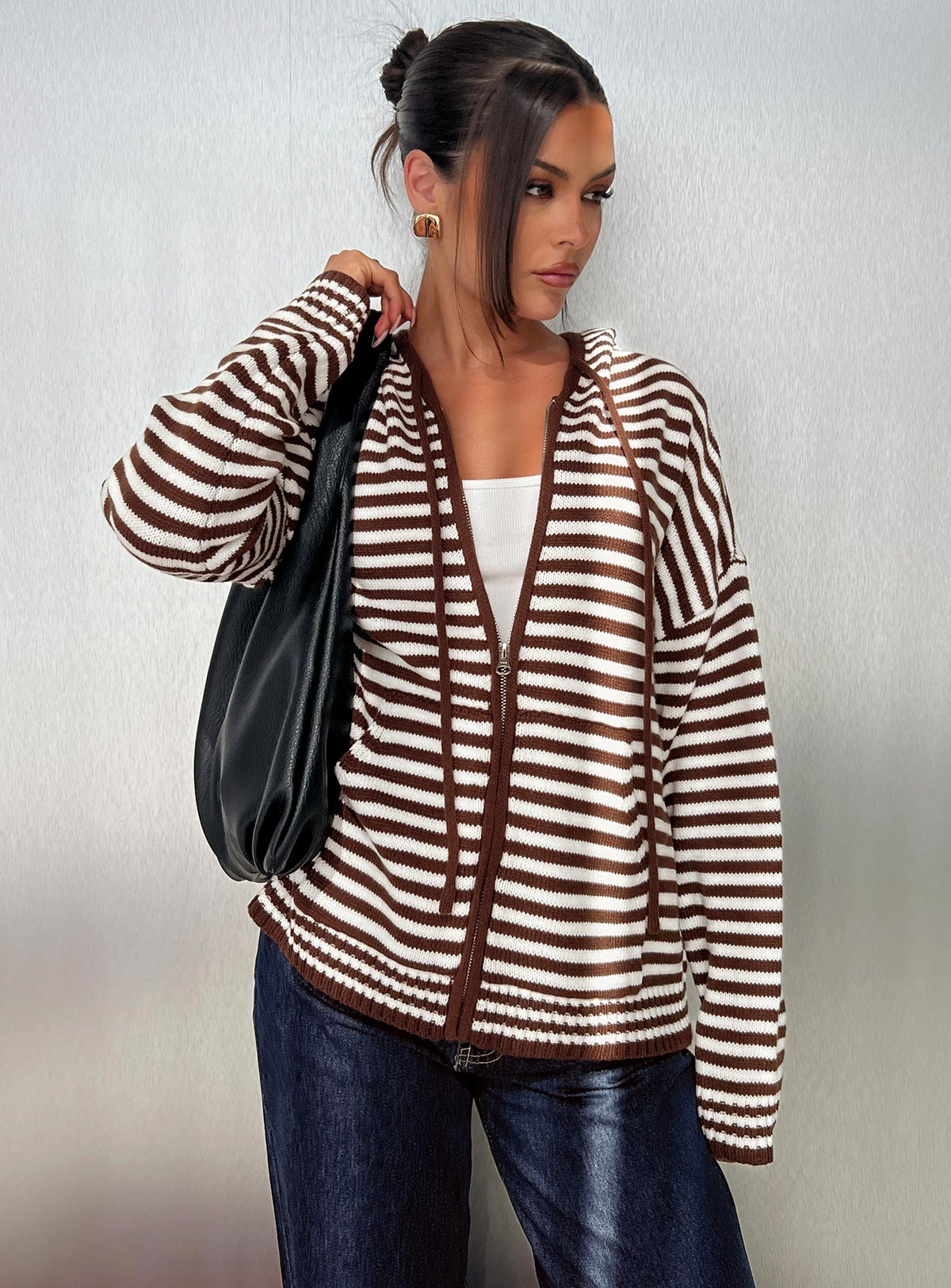 front view of model wearing Princess Polly Brienna Zip Jacket Brown Jumpers 