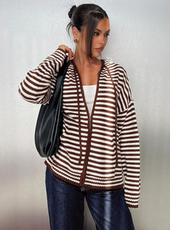 front view of model wearing Princess Polly Brienna Zip Jacket Brown Jumpers 